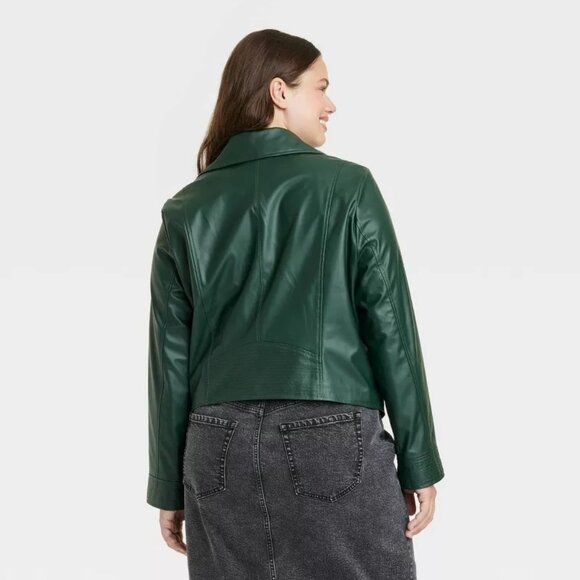Ava & Viv Womens Faux Leather Motorcycle Jacket Green Asymmetrical Zip 1X - Picture 2 of 7